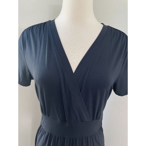 LL Bean Womens Large Black Faux Wrap Dress Stretch Short Sleeve V Neck - Picture 2 of 8